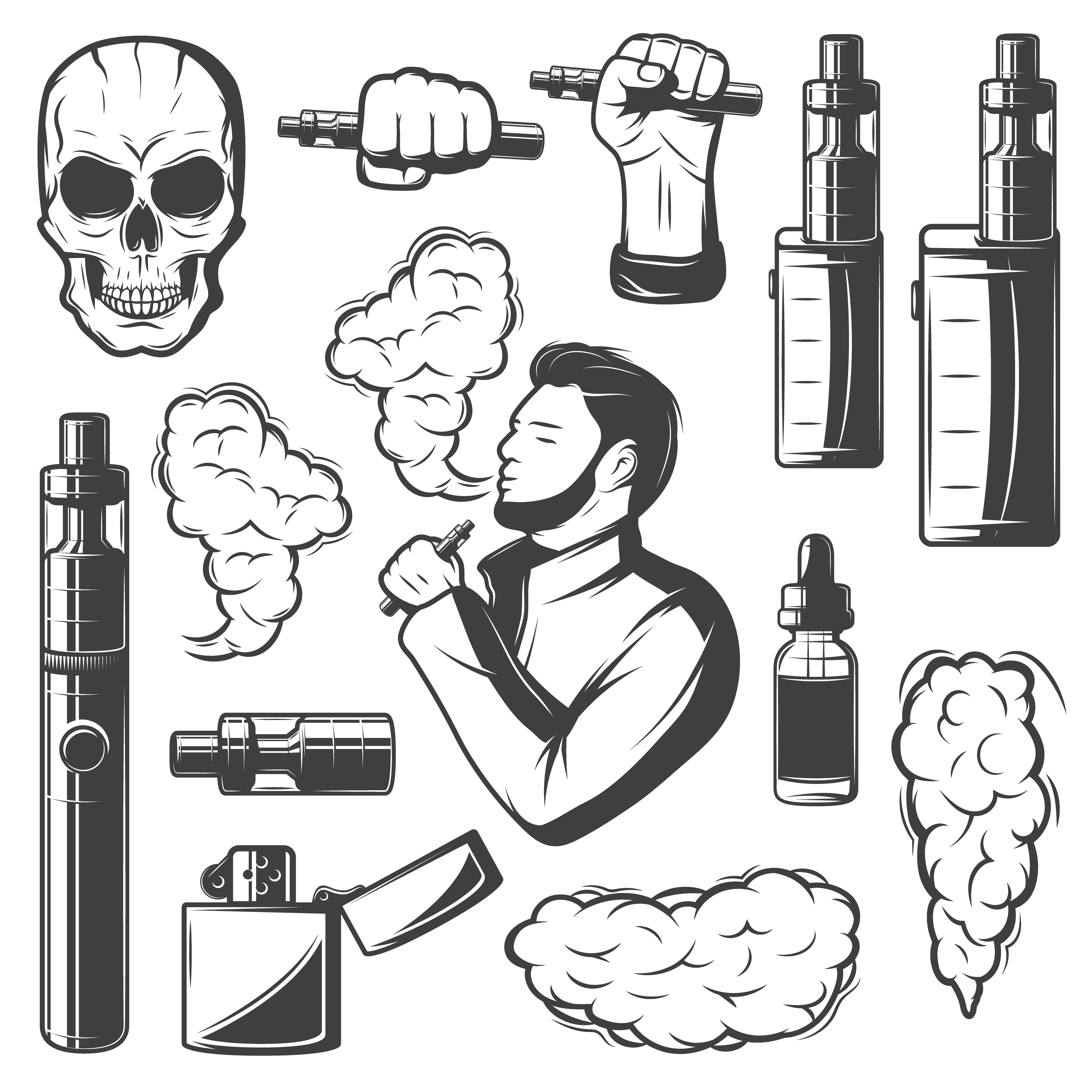 Vape elements collection with electronic cigarettes smoke skull bottle vaporizers and smoking man isolated vector illustration